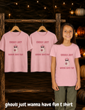 Girls Halloween shirt featuring a cute pink ghost, bow, sunglasses and pumpkin with “Ghouls Just Wanna Have Fun” design.
