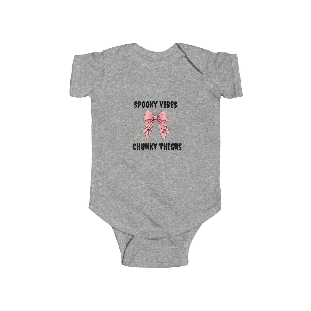 Gray baby Halloween onesie featuring “Spooky Vibes, Chunky Thighs” and a pink bow.