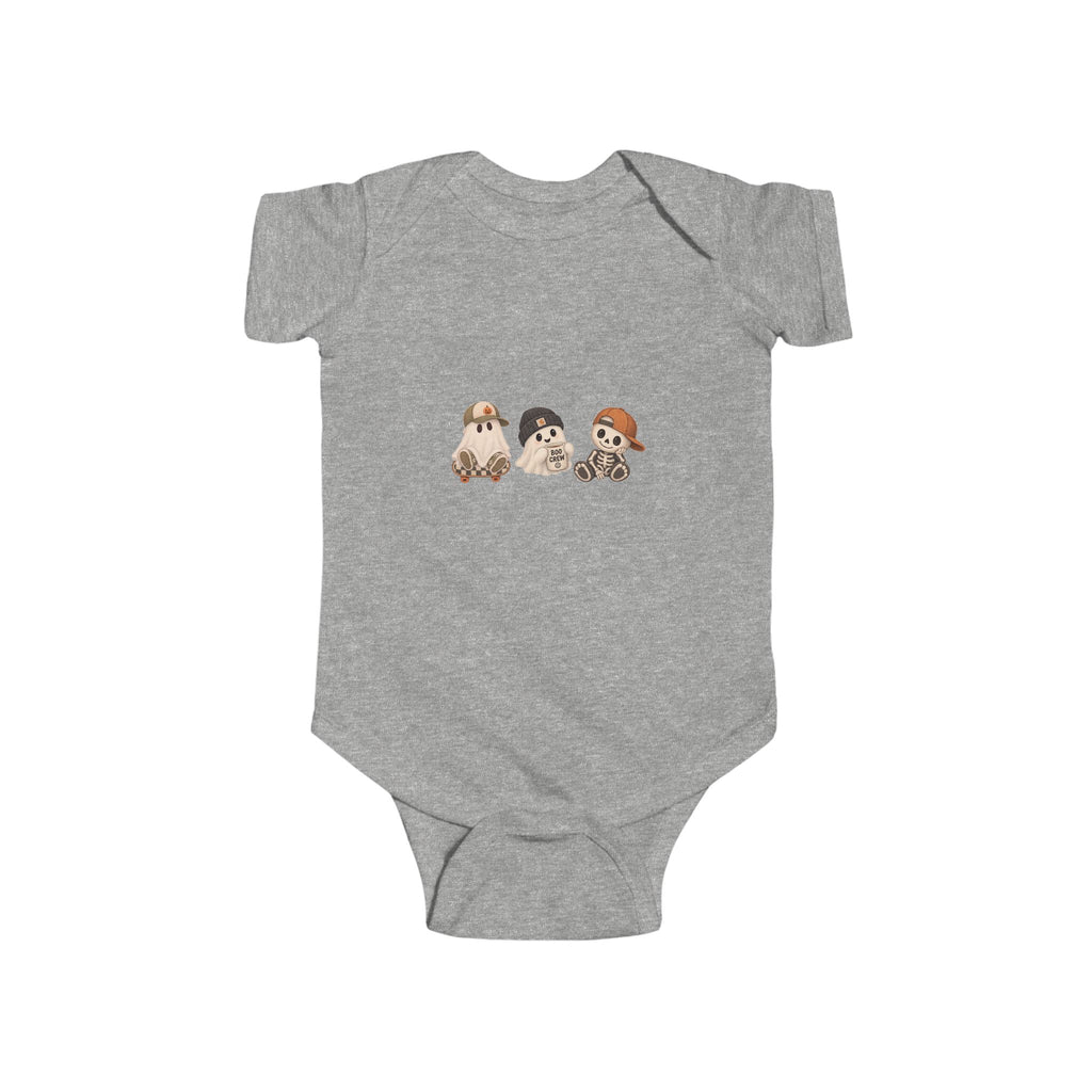 Grey Boo Crew baby Halloween onesie featuring adorable ghost and skeleton characters