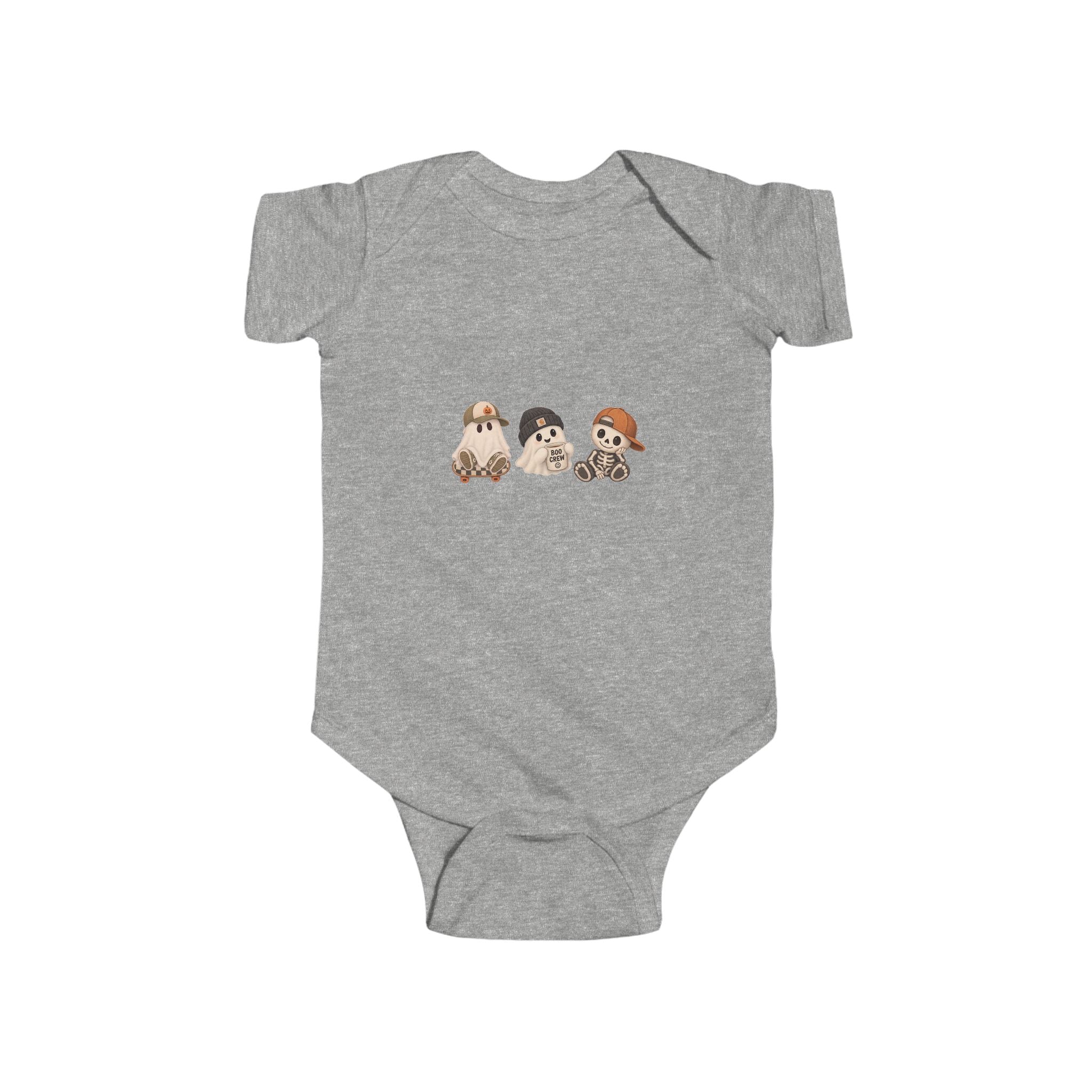 Grey Boo Crew baby Halloween onesie featuring adorable ghost and skeleton characters