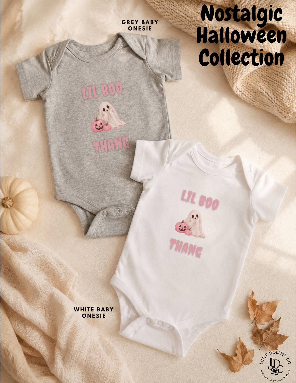 Grey and white Boo Thang baby Halloween onesies styled with cozy fall textures, pumpkins and autumn leaves