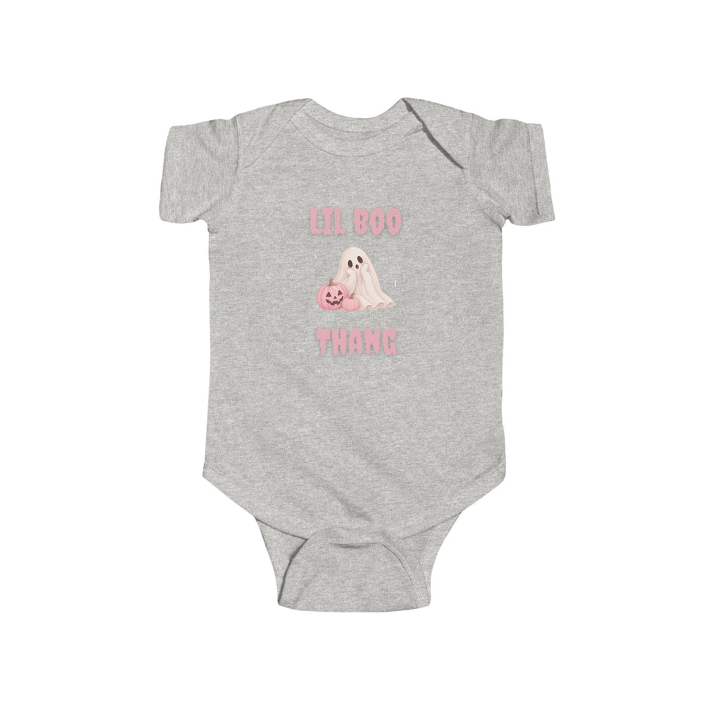 Grey baby Boo Thang Halloween onesie featuring pink lettering, cute ghost and pumpkin design
