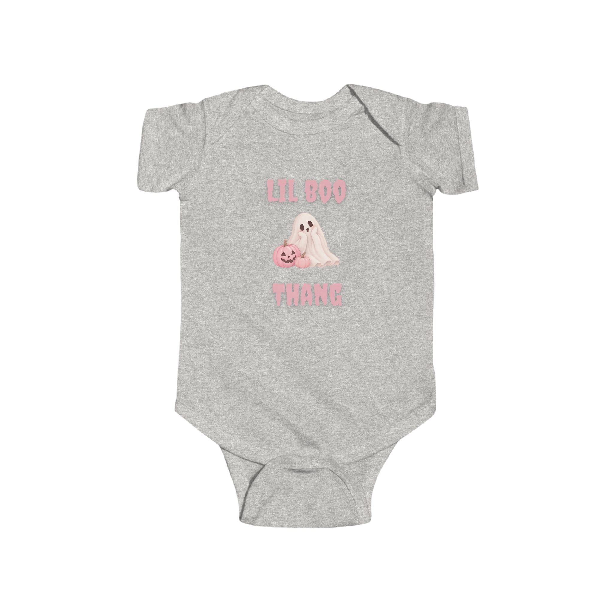 Grey baby Boo Thang Halloween onesie featuring pink lettering, cute ghost and pumpkin design