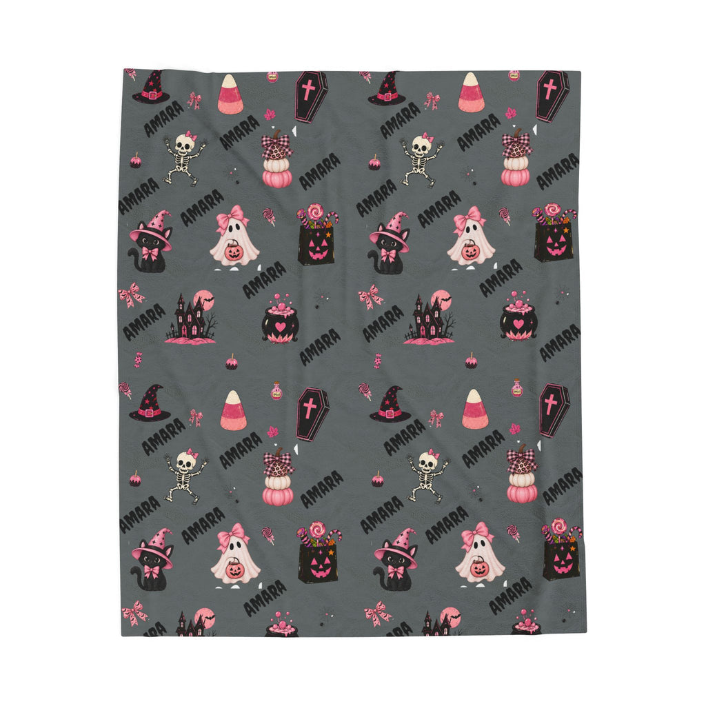 Grey personalized Halloween throw blanket featuring custom name, ghosts, skeletons, pumpkins and witch hats