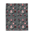 Grey personalized Halloween throw blanket featuring custom name, ghosts, skeletons, pumpkins and witch hats
