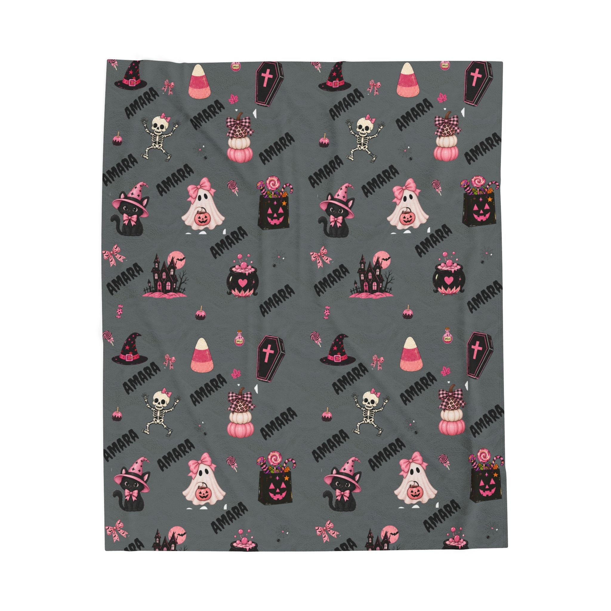 Grey personalized Halloween throw blanket featuring custom name, ghosts, skeletons, pumpkins and witch hats