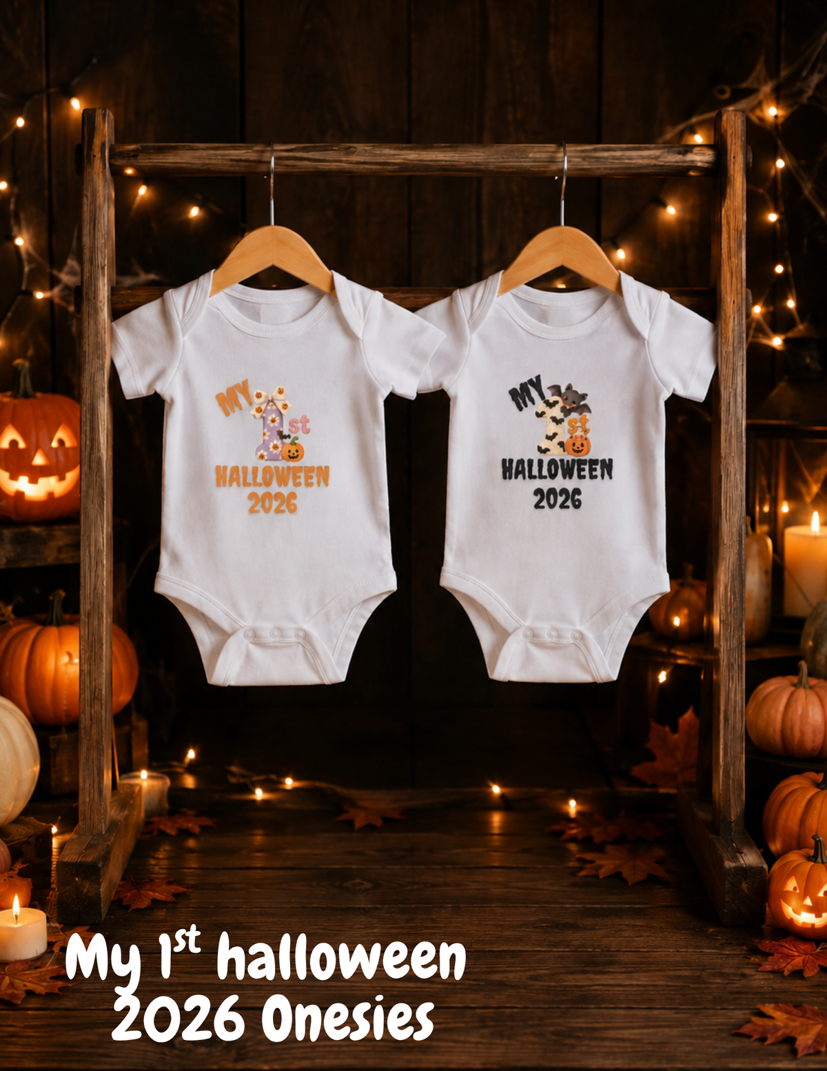 My First Halloween Onesies 2026 baby Halloween bodysuits displayed on wooden hangers with pumpkins and Halloween lights