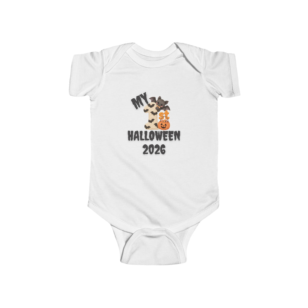 My First Halloween Onesies 2026 baby Halloween bodysuits displayed on wooden hangers with bats