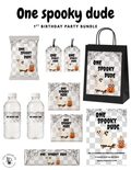 One Spooky Dude first birthday party bundle with Halloween themed printable decorations and editable invitation