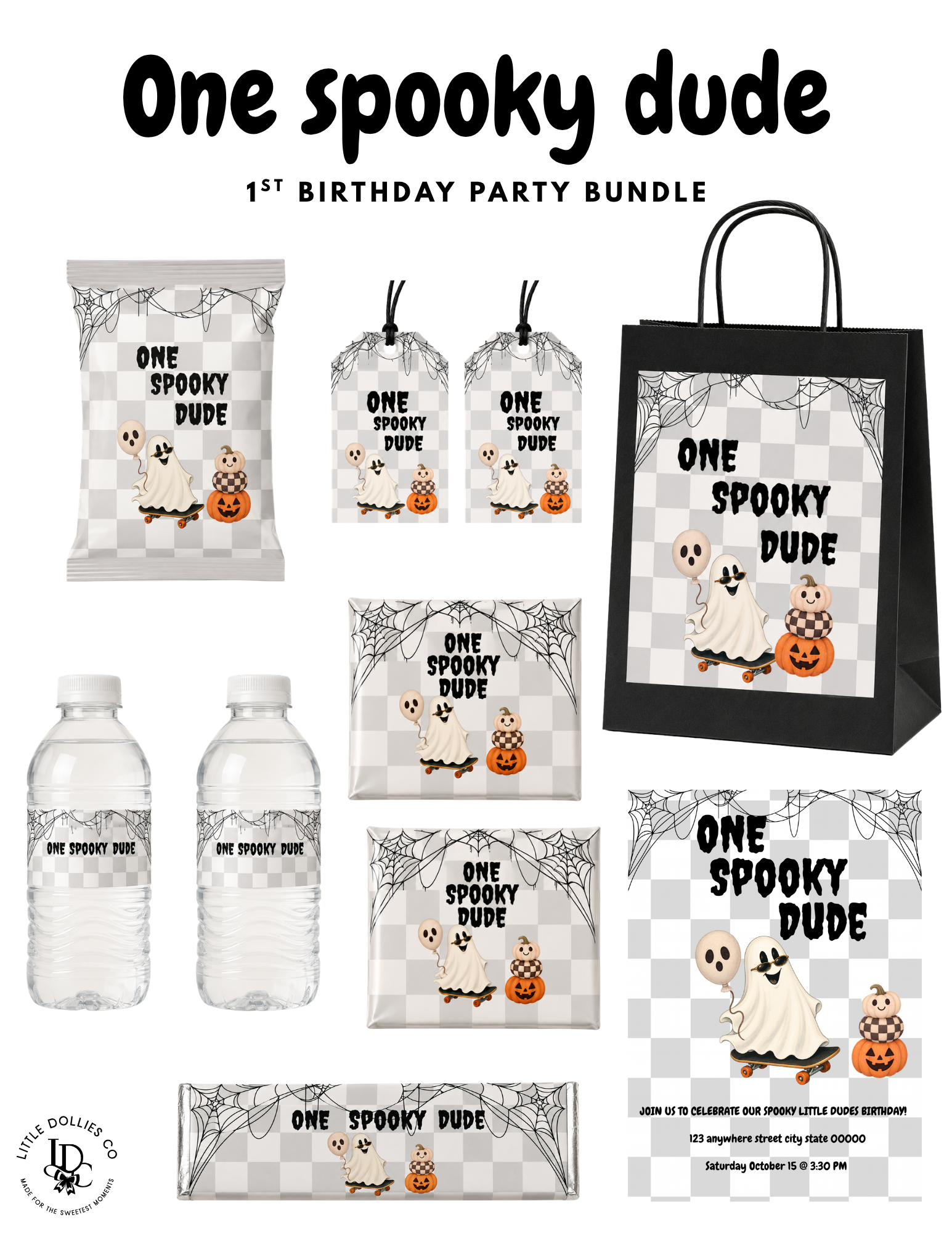 One Spooky Dude first birthday party bundle with Halloween themed printable decorations and editable invitation