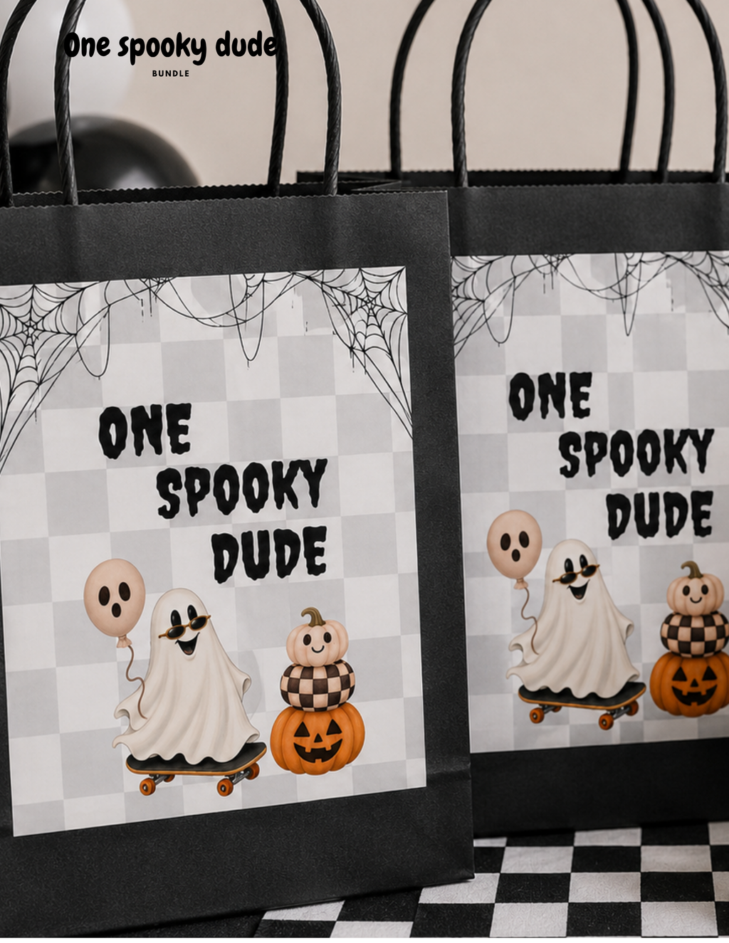 One Spooky Dude first birthday gift bag front cover templates for Halloween party favors
