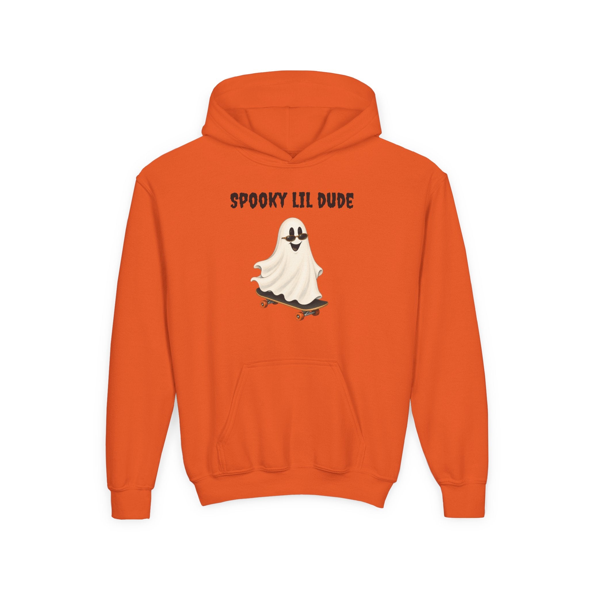 Orange Spooky Lil Dude Halloween hoodie featuring a cute ghost riding a skateboard, kids Halloween sweatshirt