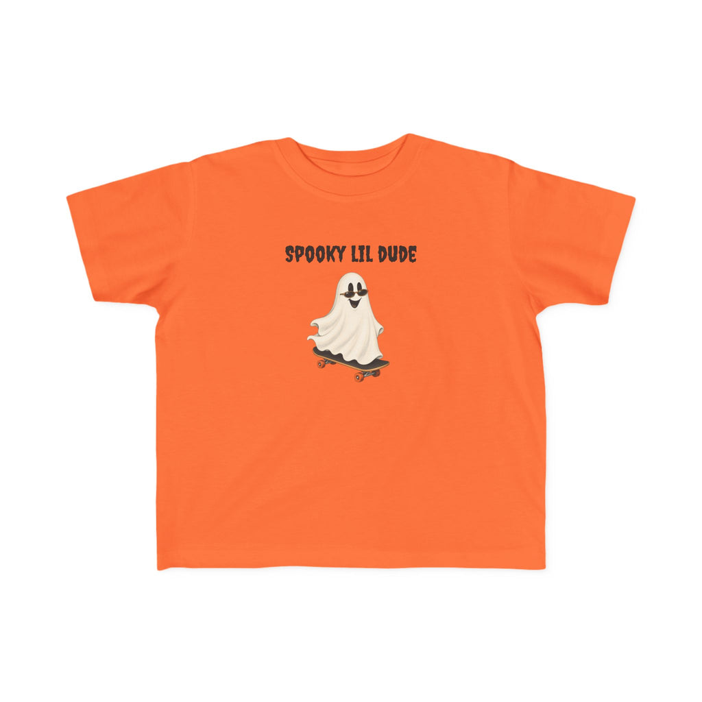 Orange Spooky Dude toddler Halloween shirt featuring a cute ghost riding a skateboard with playful Halloween lettering.