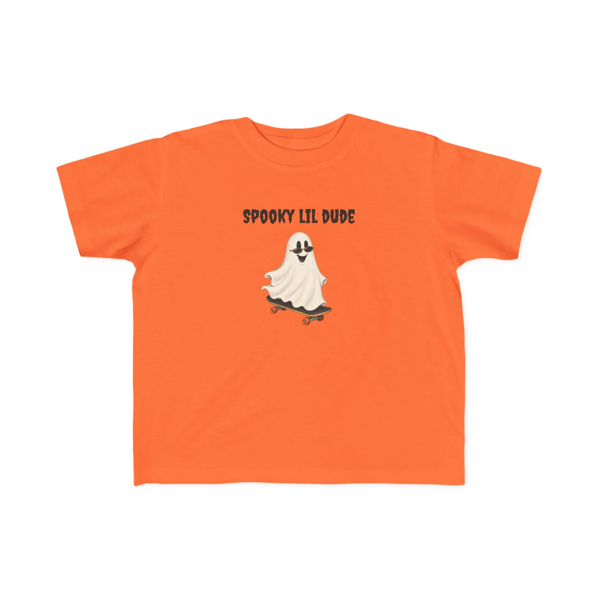 Orange Spooky Dude toddler Halloween shirt featuring a cute ghost riding a skateboard with playful Halloween lettering.