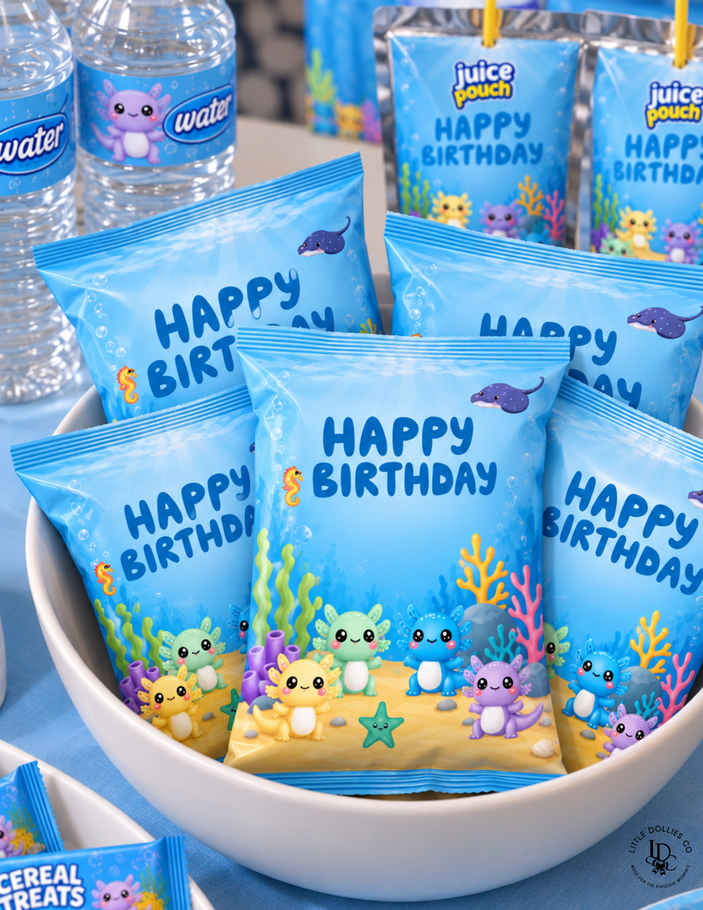 Personalized 1 oz chip bag wrapper featuring a custom party theme and colors