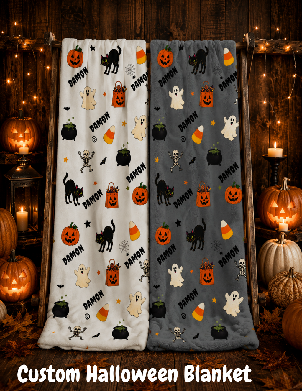 Personalized Halloween throw blanket with custom name and classic pumpkins, ghosts, black cats and witches