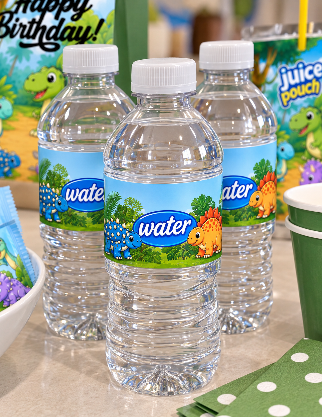 Personalized dinosaur water bottle labels displayed on bottled water, perfect for a dinosaur themed birthday party.