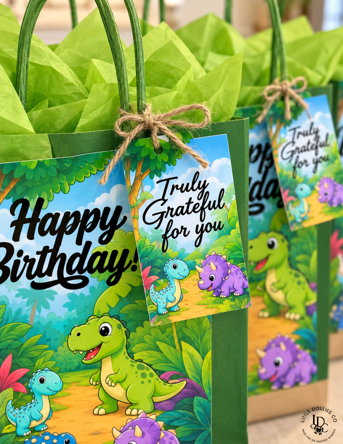 Personalized thank you tag featuring custom colors, theme, and event details