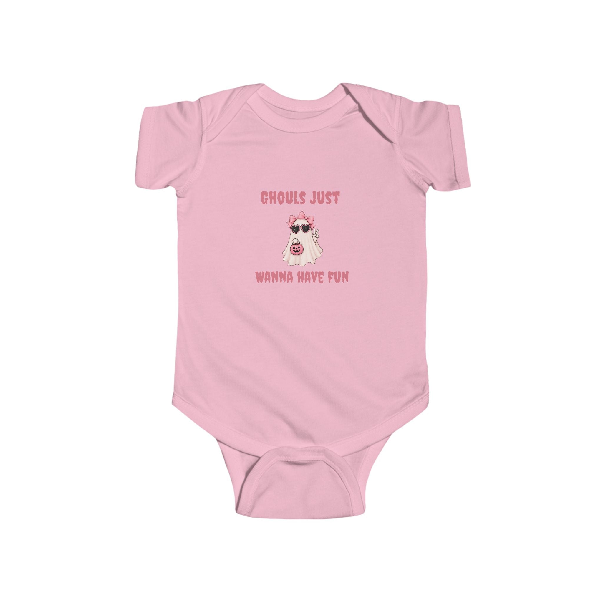 Pink baby Halloween onesie with cute ghost graphic and “Ghouls Just Wanna Have Fun” lettering, perfect for a spooky season outfit.