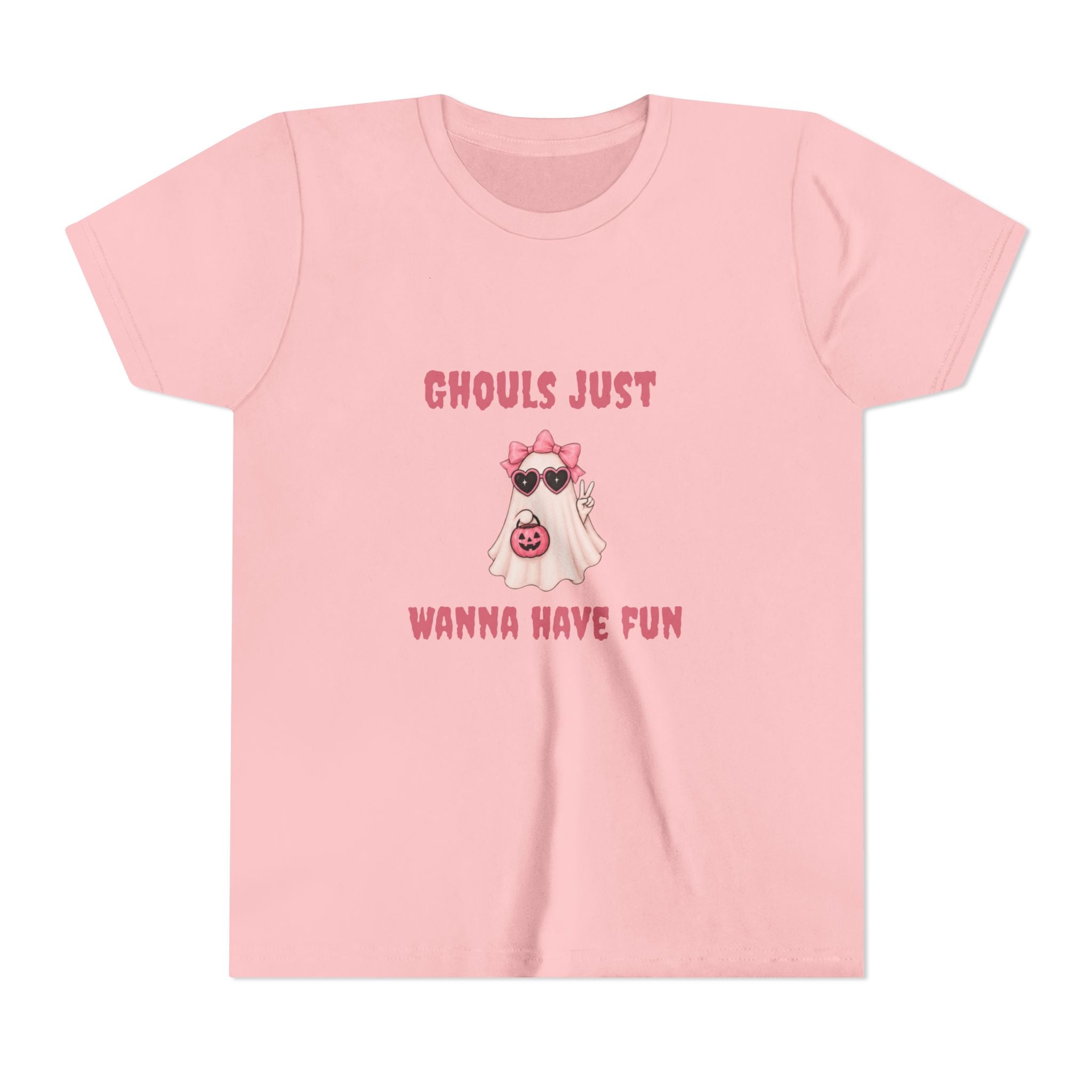 Pink girls Halloween shirt with adorable ghost graphic and “Ghouls Just Wanna Have Fun” lettering.