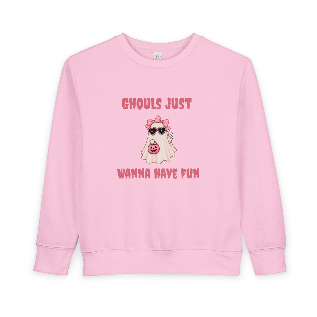 Pink toddler Halloween sweater featuring a girly ghost with bow and pumpkin, perfect for a cute fall outfit