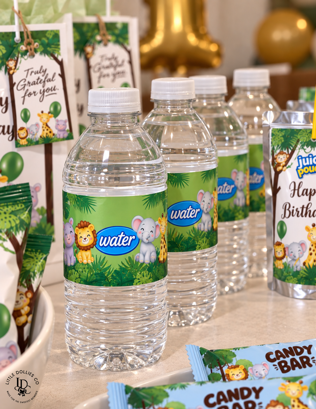 Safari animal water bottle labels displayed on water bottles featuring a lion, hippo, giraffe, elephant & monkey