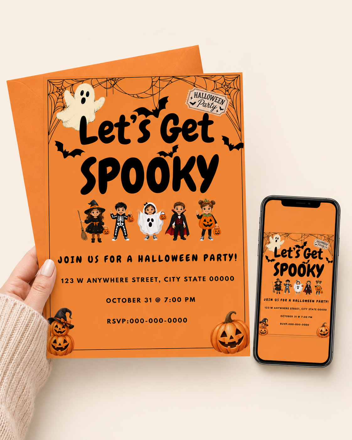 Spooky Halloween party invitation with pumpkin and ghost design, editable Canva template