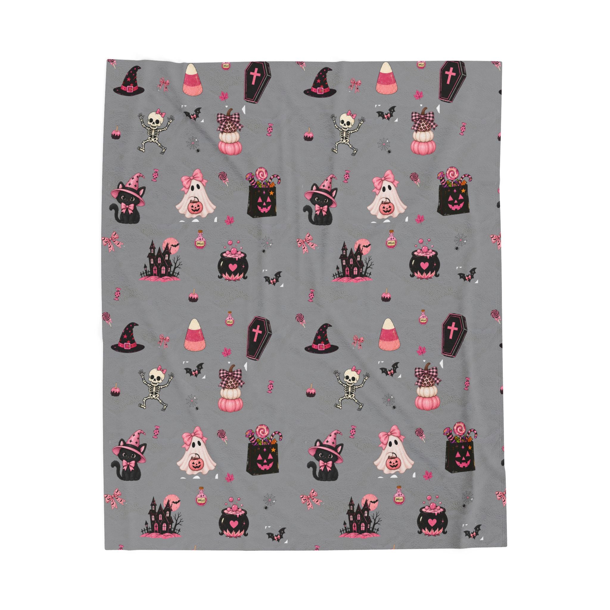 Spooky Halloween throw blanket in grey with pink ghosts, witches, pumpkins, bats and Halloween patterns