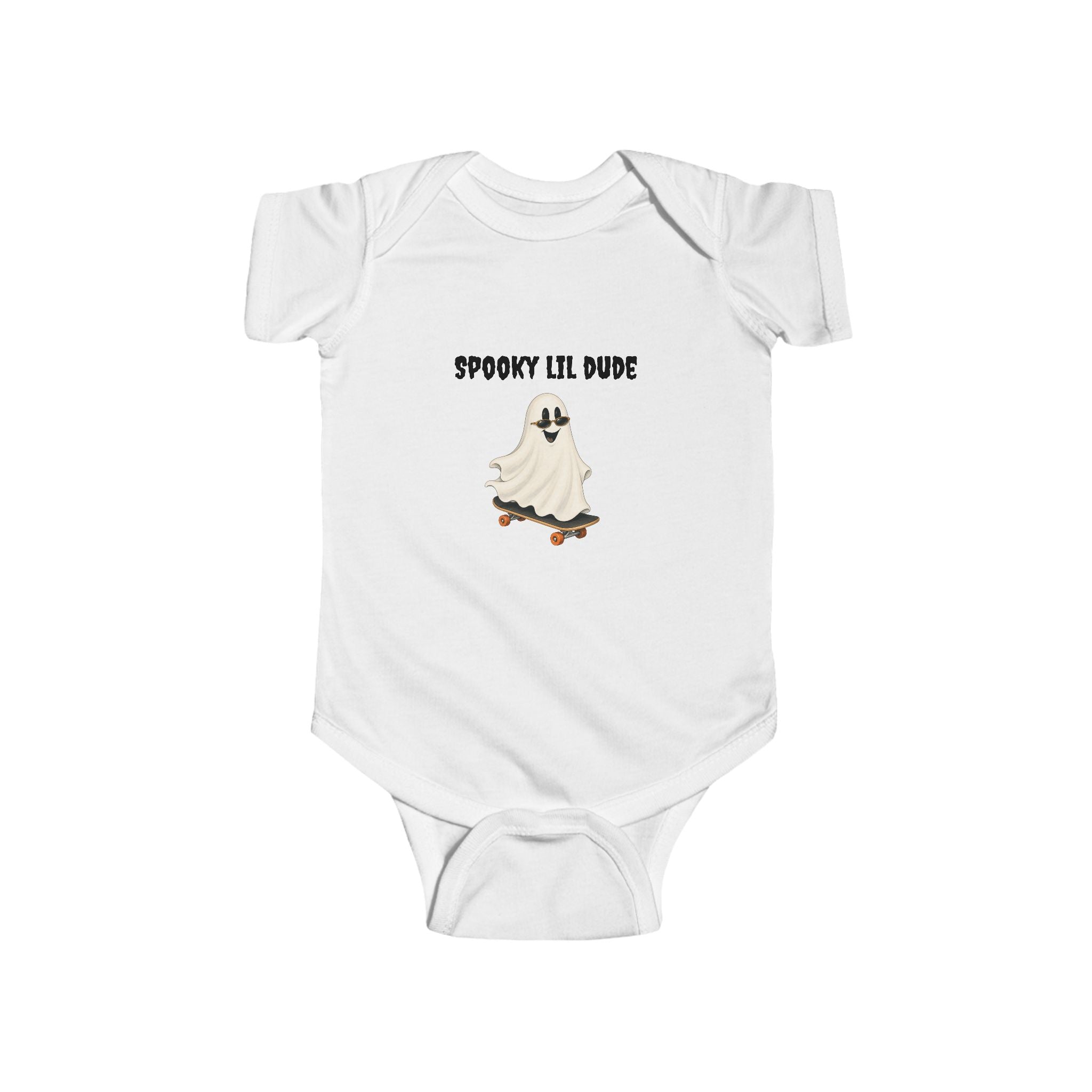 Spooky Lil Dude Halloween onesie with a cute ghost riding a skateboard