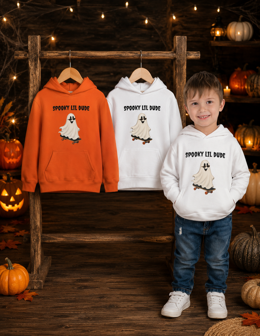 Spooky Lil Dude Halloween hoodie collection featuring orange and white kids hoodies with a ghost skateboard design, with a child wearing the white hoodie