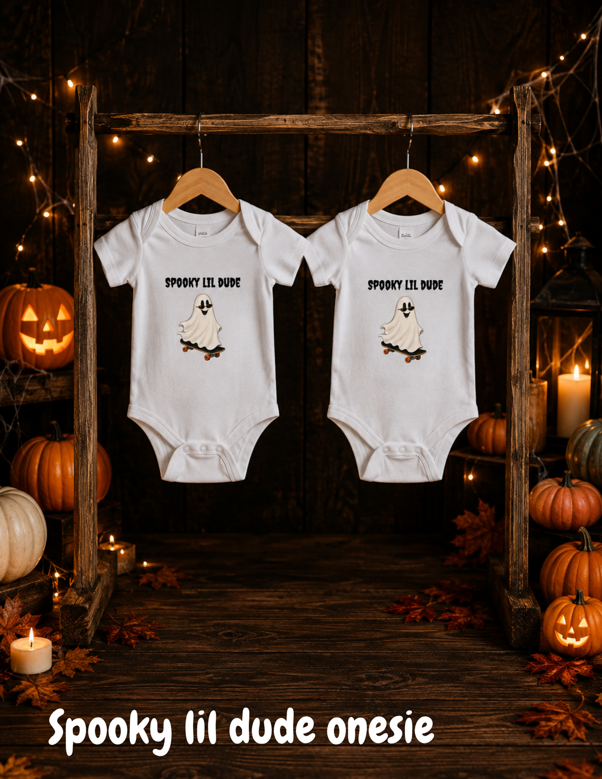 Spooky Lil Dude Halloween onesie with a cute ghost riding a skateboard, displayed on a wooden hanger surrounded by pumpkins and Halloween lights.