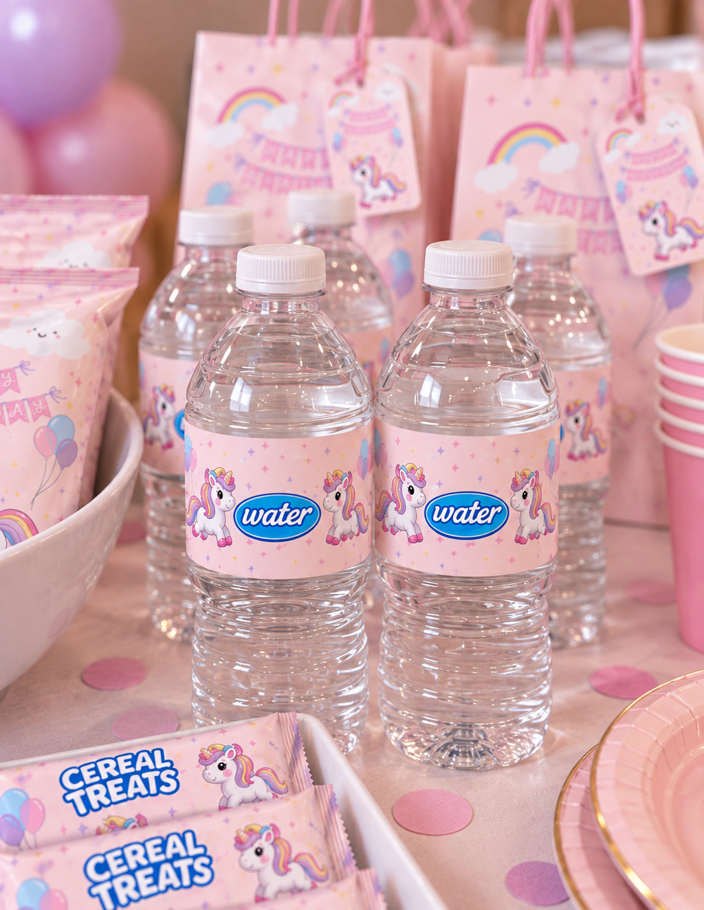 Unicorn themed water bottle labels featuring 2 rainbow unicorns and a generic water logo