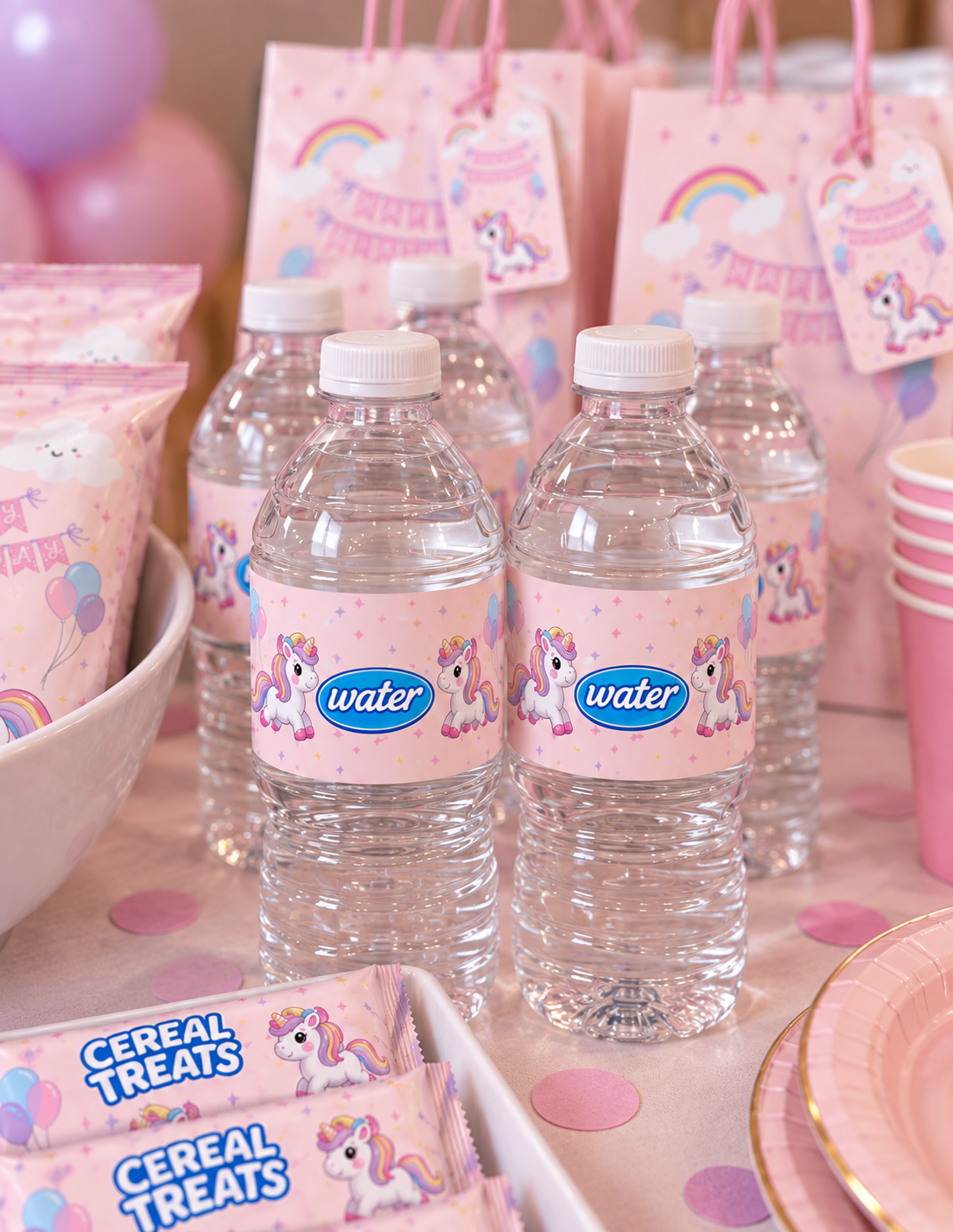 Unicorn themed water bottle labels featuring 2 rainbow unicorns and a generic water logo