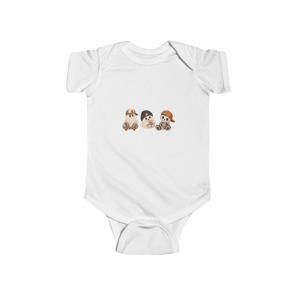 White Boo Crew baby Halloween onesie featuring a cute ghost and skeleton Halloween design
