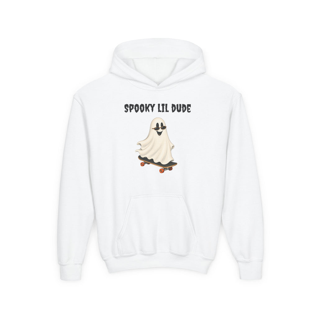White Spooky Lil Dude Halloween hoodie featuring a cute ghost riding a skateboard, kids and toddler Halloween clothing