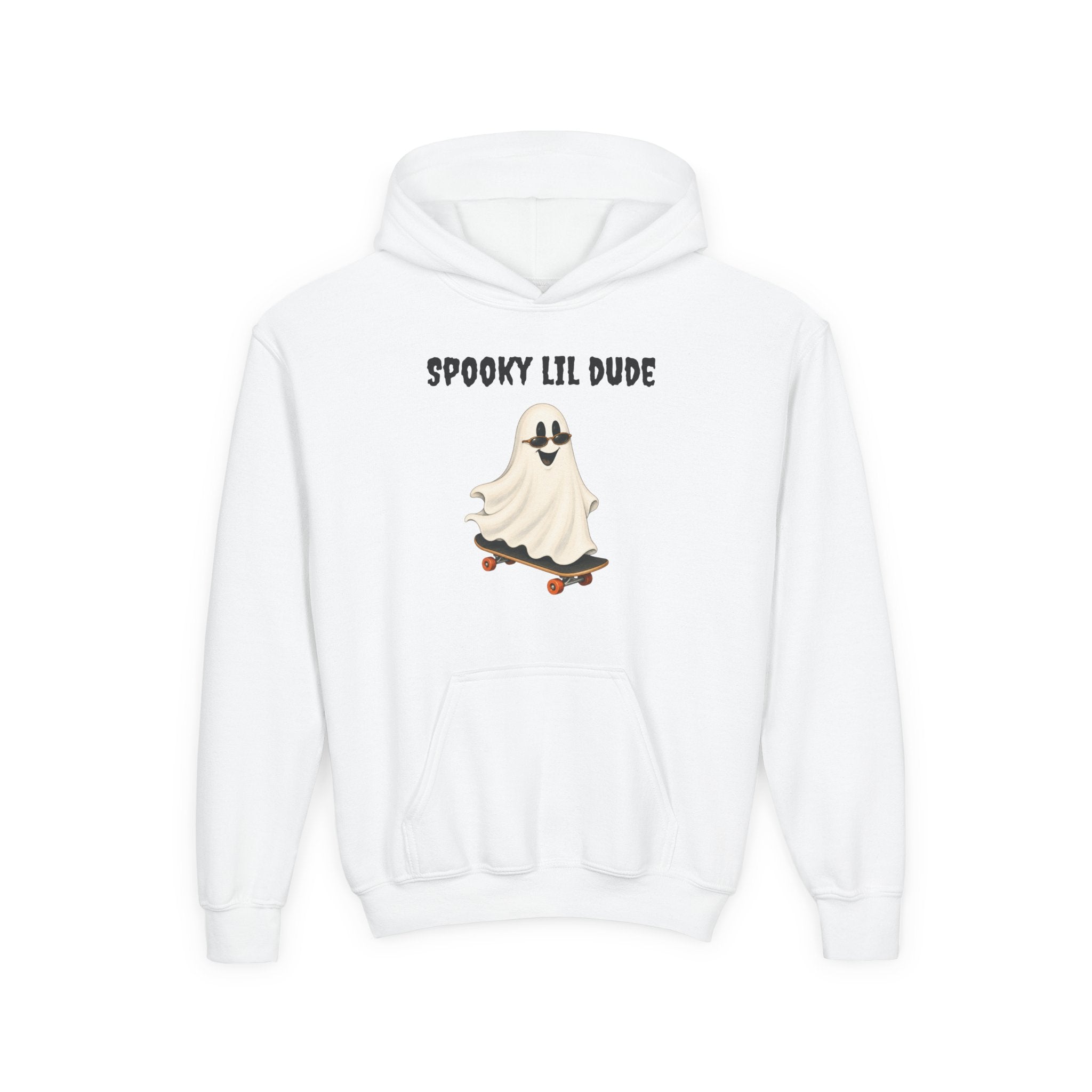 White Spooky Lil Dude Halloween hoodie featuring a cute ghost riding a skateboard, kids and toddler Halloween clothing