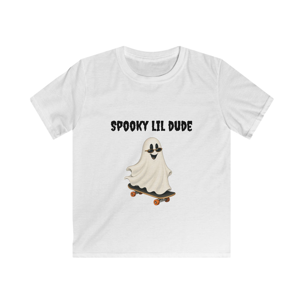 White Spooky Dude toddler Halloween shirt featuring a cute ghost riding a skateboard with playful Halloween lettering.