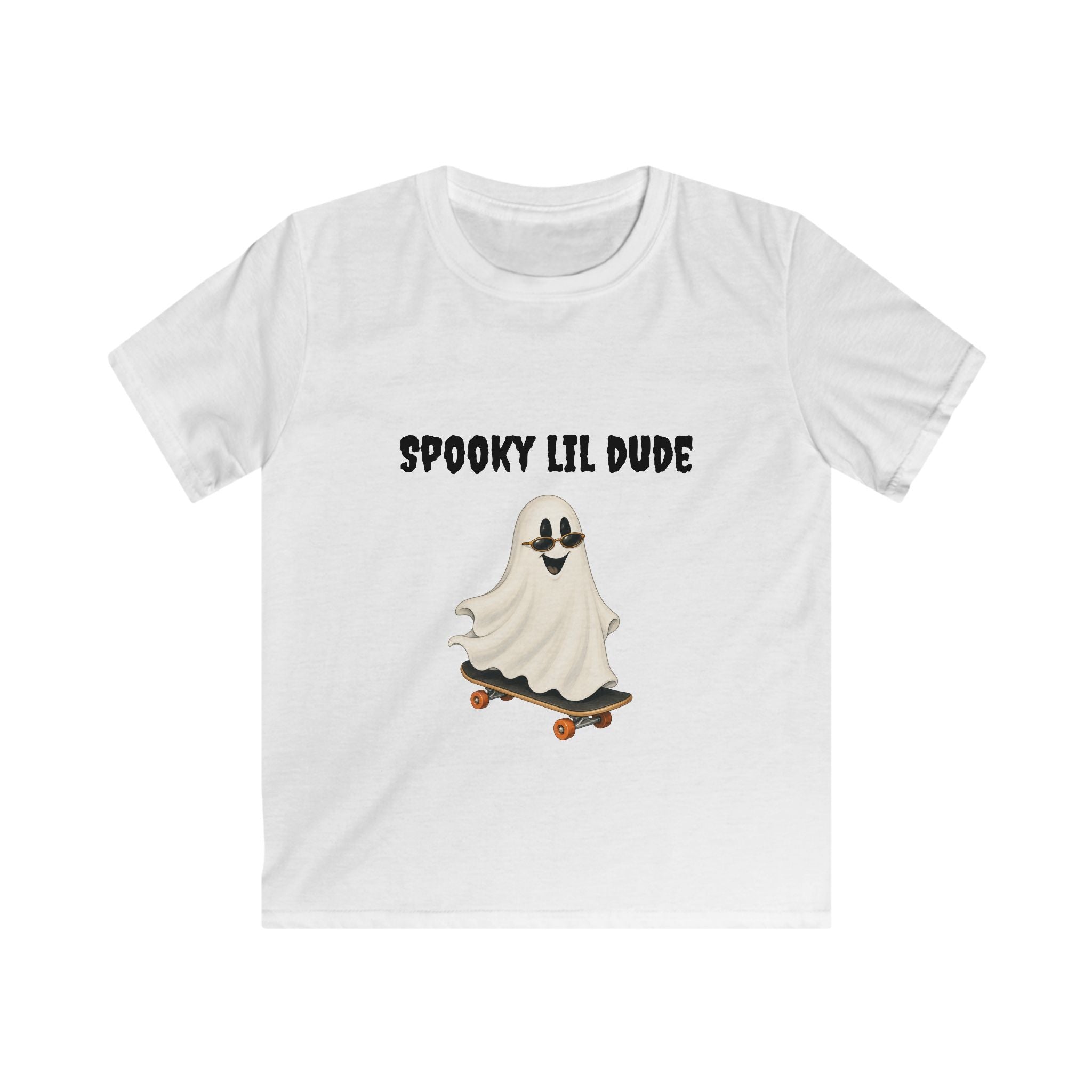 White Spooky Dude toddler Halloween shirt featuring a cute ghost riding a skateboard with playful Halloween lettering.