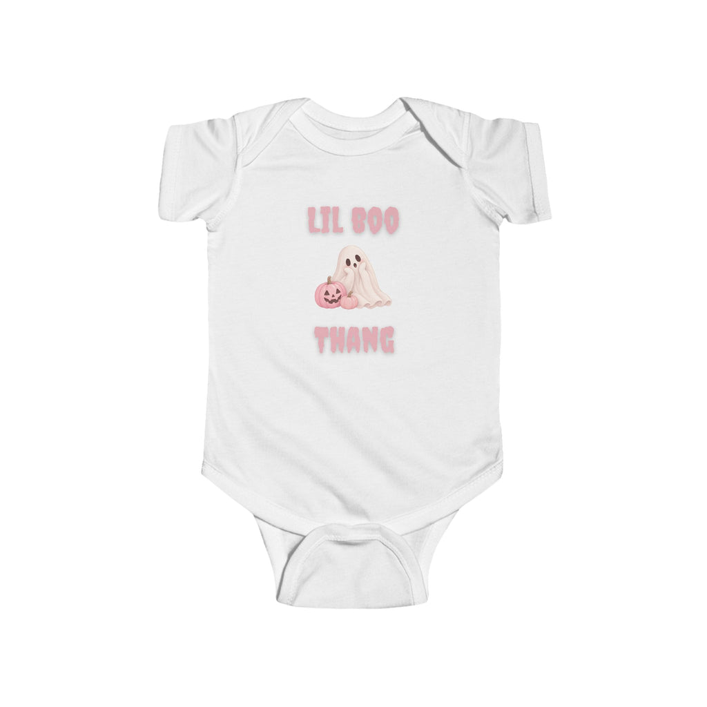 White baby Boo Thang Halloween onesie featuring pink lettering, ghost and pumpkin Halloween design