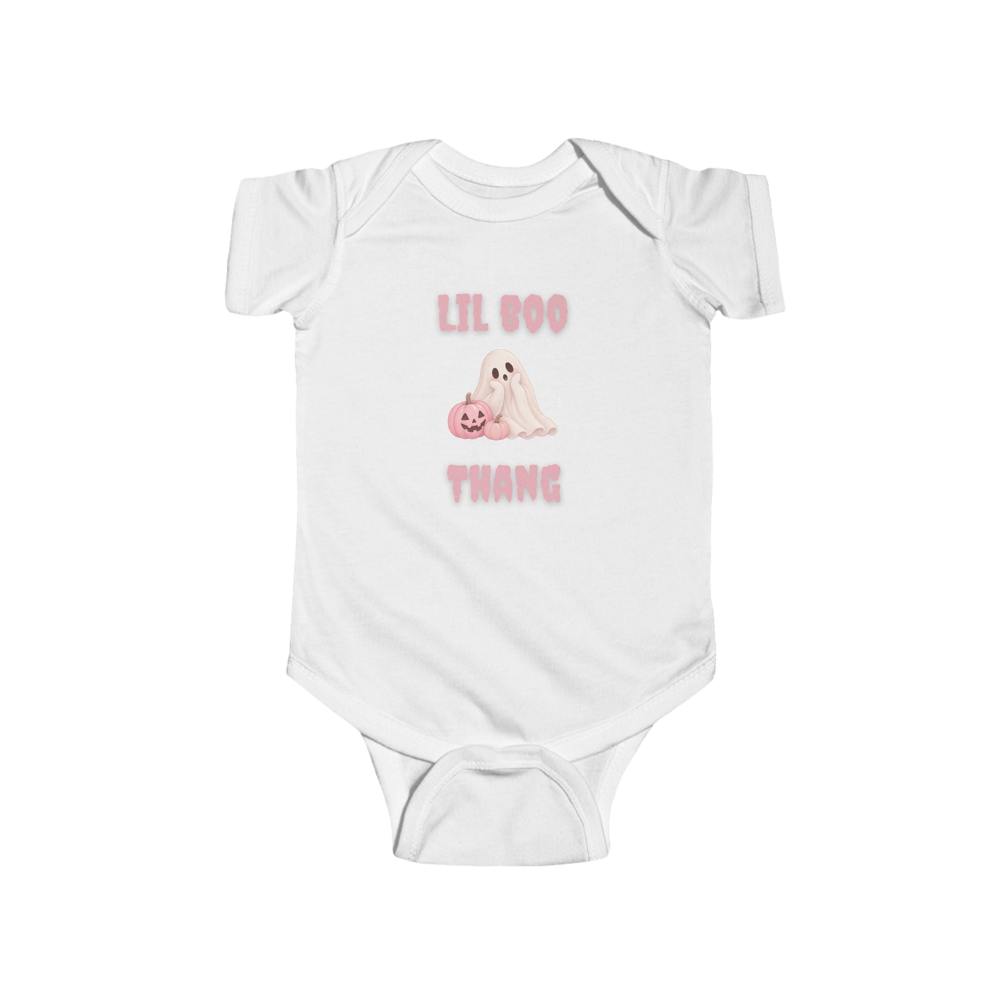 White baby Boo Thang Halloween onesie featuring pink lettering, ghost and pumpkin Halloween design