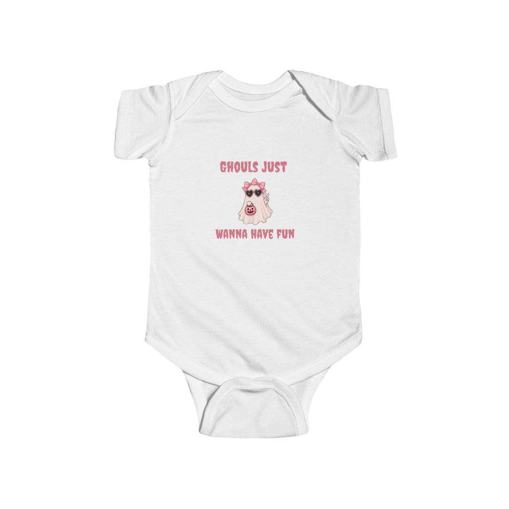 White baby Halloween onesie featuring a playful pink ghost and “Ghouls Just Wanna Have Fun” design for a cute Halloween baby outfit.