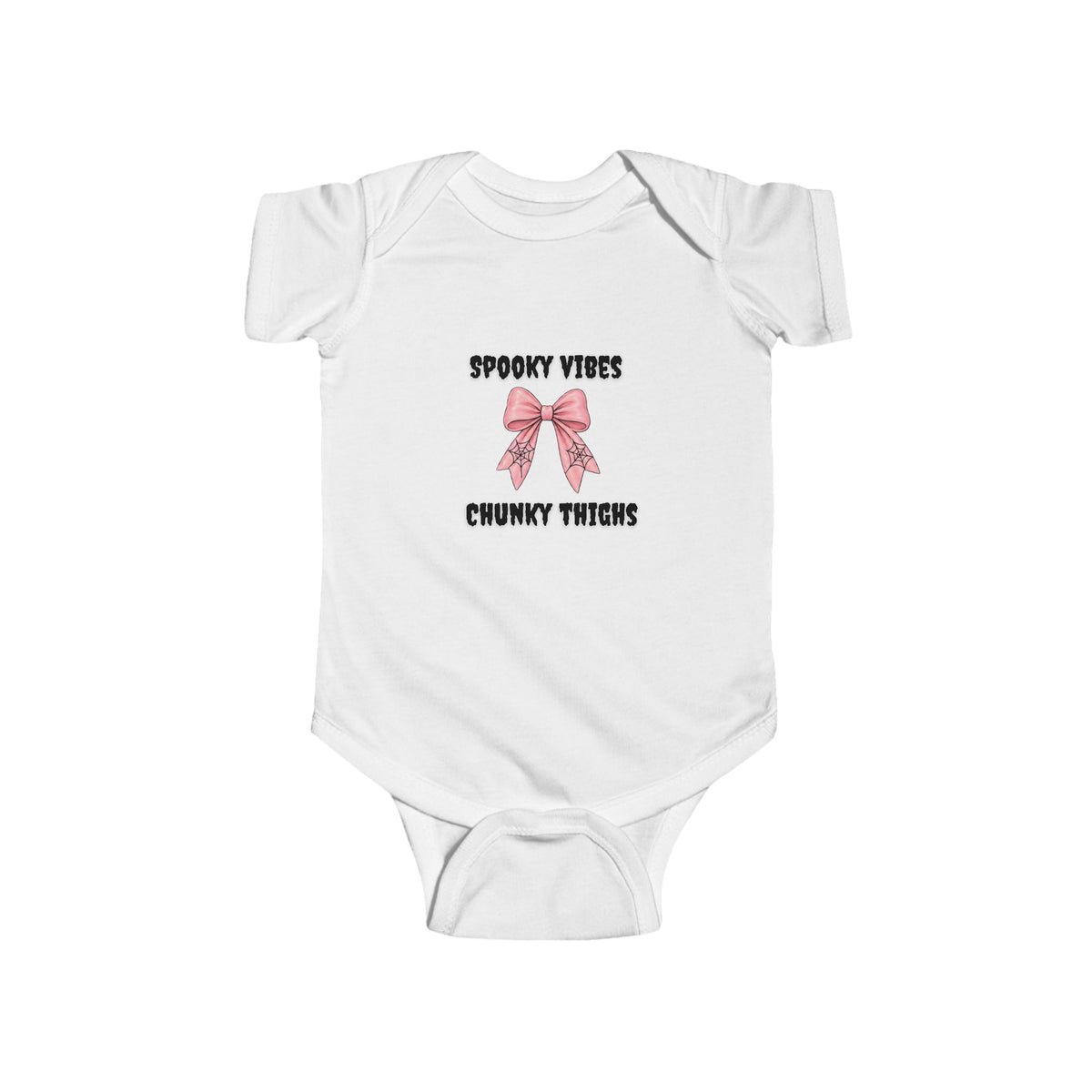 White baby Halloween onesie with cute spooky-season lettering and pink bow design.