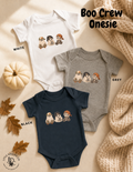 White, grey and black Boo Crew baby Halloween onesies featuring cute ghost and skeleton characters