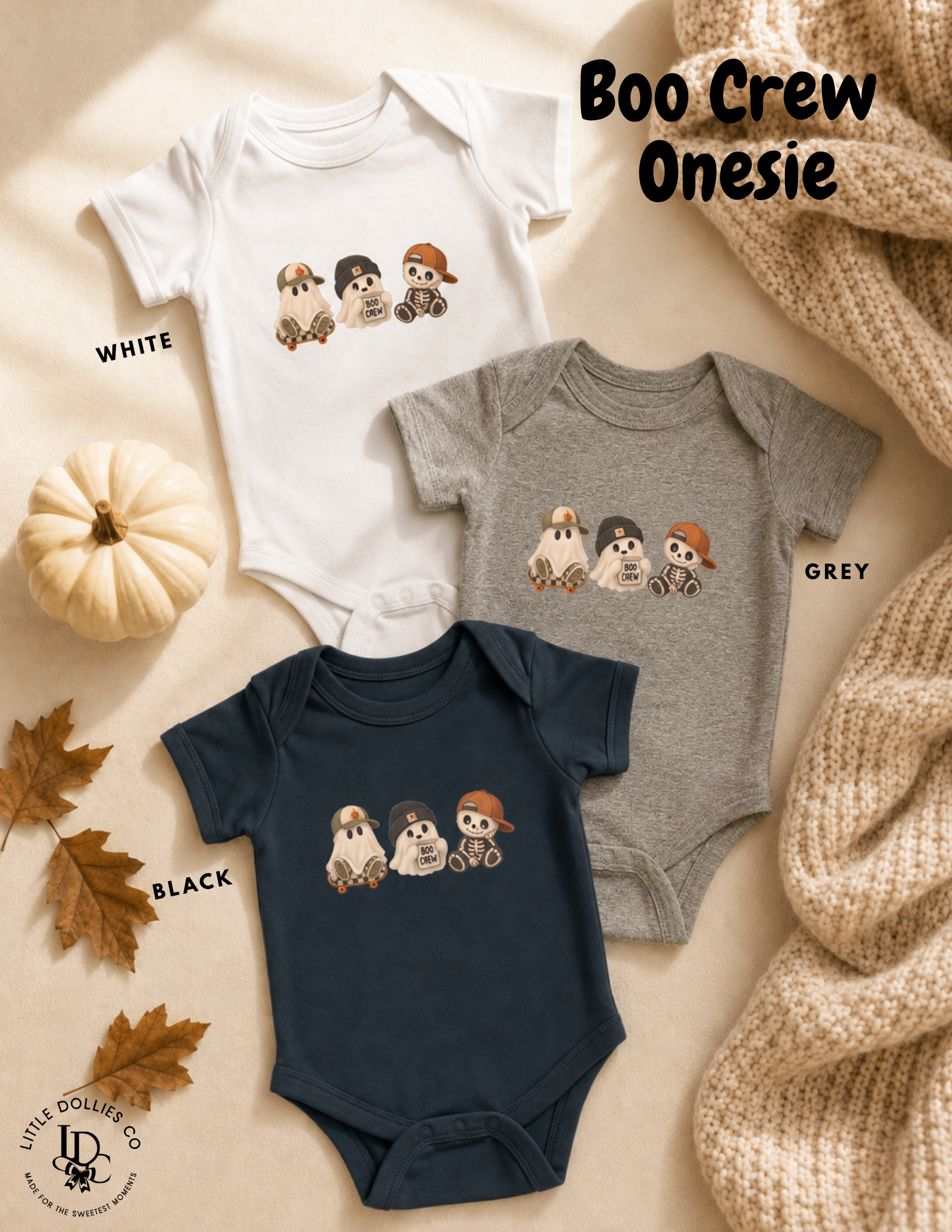 White, grey and black Boo Crew baby Halloween onesies featuring cute ghost and skeleton characters
