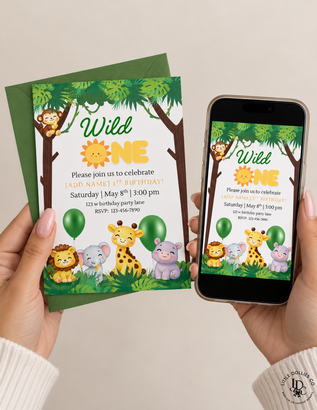 Wild One first birthday invitation shown as an editable Canva design with matching printed invitation and digital invitation on a phone
