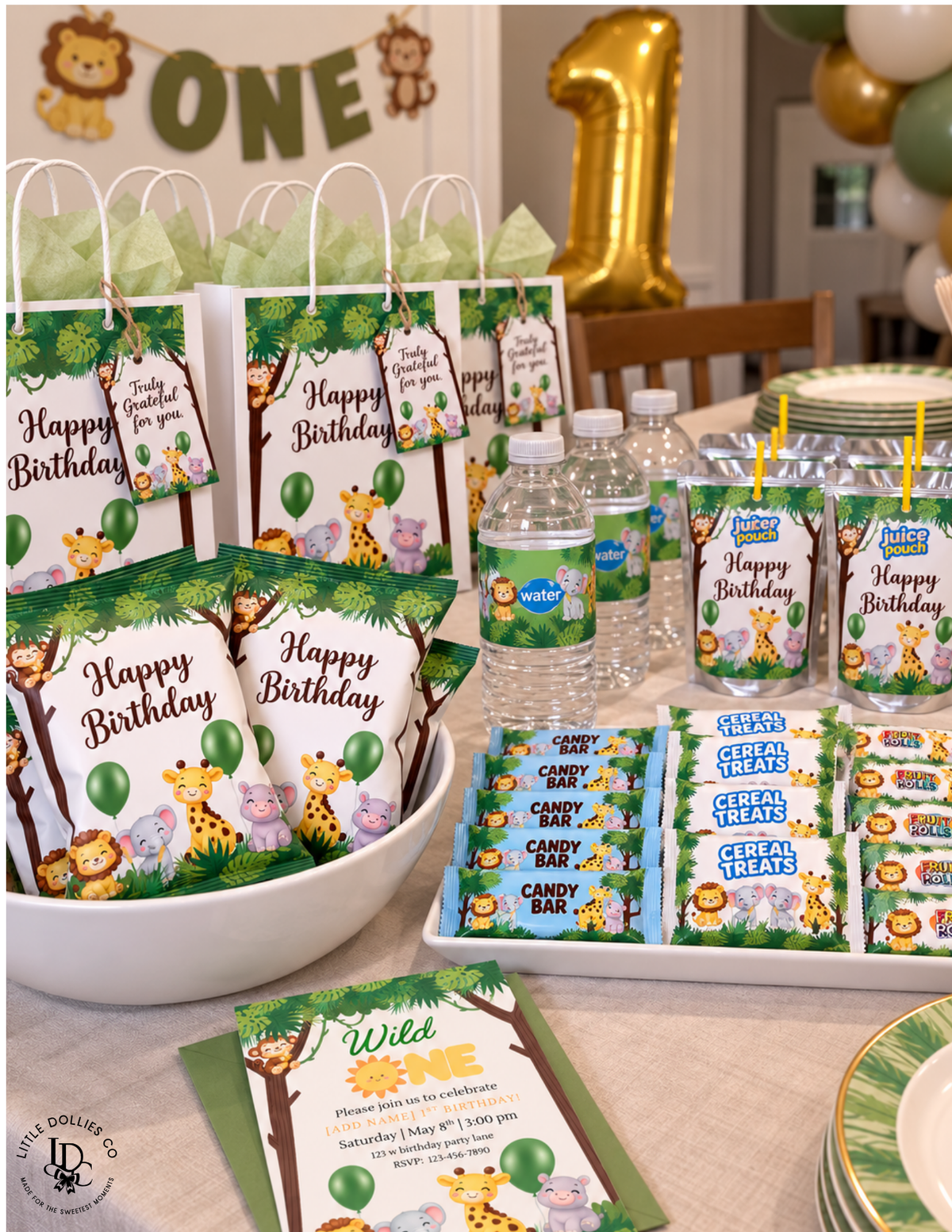 Wild One first birthday party bundle featuring jungle animal party favors, gift bags, treat wrappers, water bottles, and juice pouches