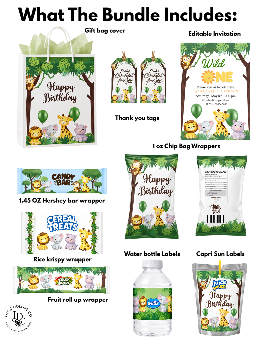 Wild One first birthday party bundle featuring editable invitation, gift bag, chip bag, candy bar, Rice Krispies, water bottle, and juice pouch templates