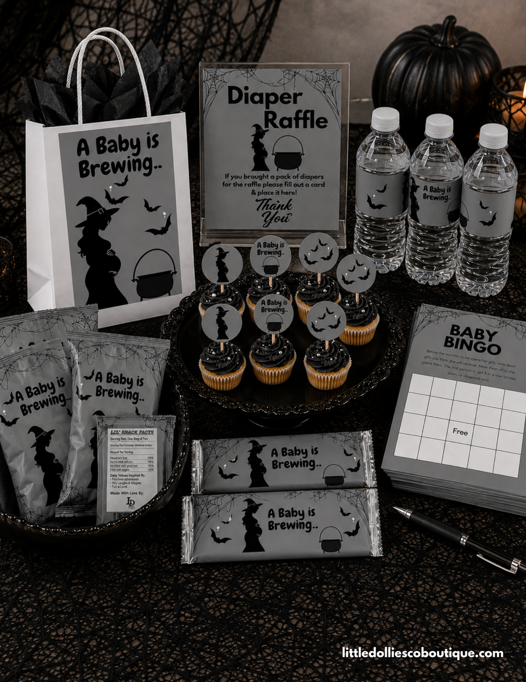 Witch-themed A Baby Is Brewing Halloween baby shower bundle with invitation, games, matching signs, treats and favors
