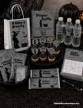 Witch-themed A Baby Is Brewing Halloween baby shower bundle with invitation, games, matching signs, treats and favors