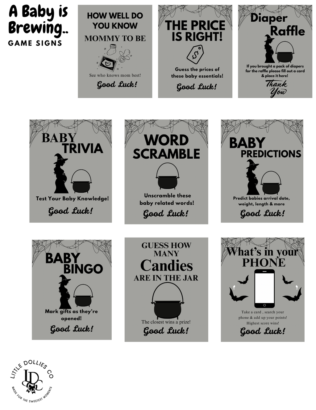 A baby is brewing baby shower game signs